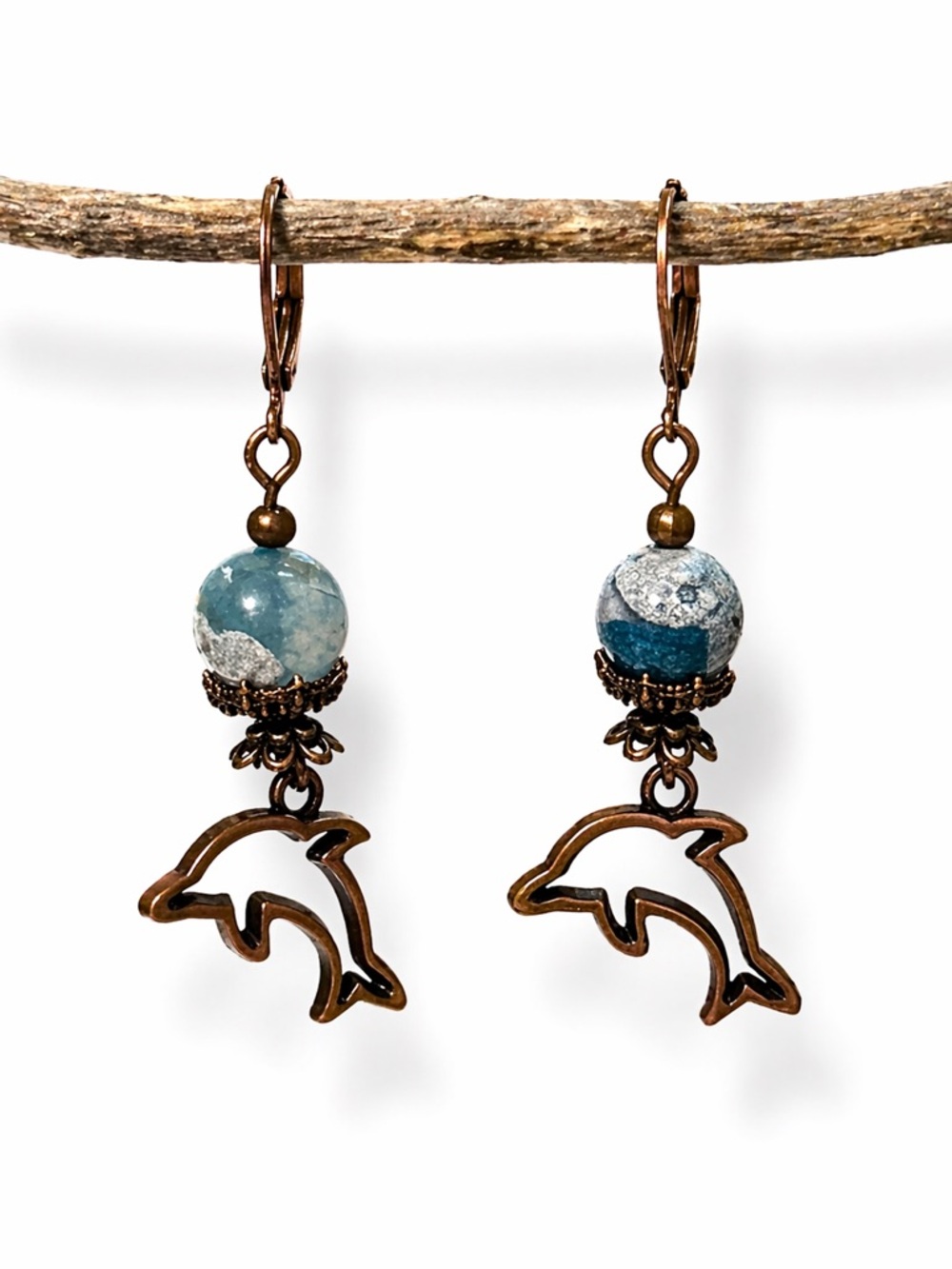 Artisan Dolphin Earrings, Blue Glass Bead Dangle, Copper Ocean Inspired Boho